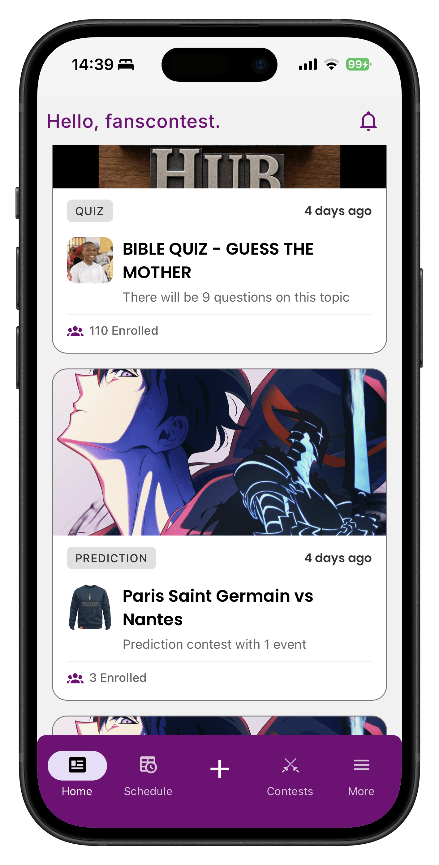 Fans Contest mobile app — home screen